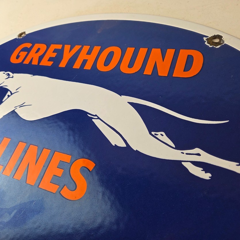 Vintage Greyhound Lines Porcelain Sign – Running Dog Bus Logo Sign
