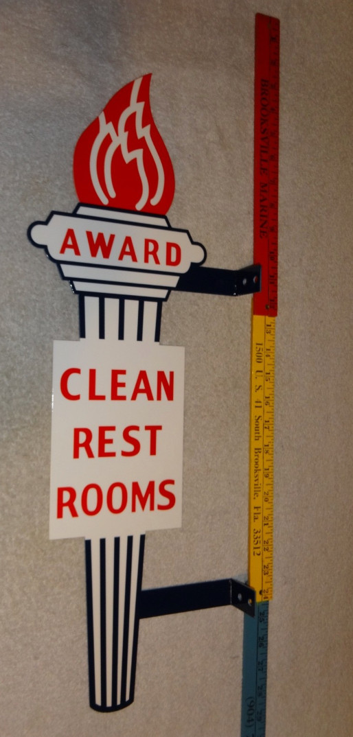 VINTAGE STANDARD GASOLINE TORCH CLEAN RESTROOM HUGE 2′ METAL AWARD BATHROOM SIGN