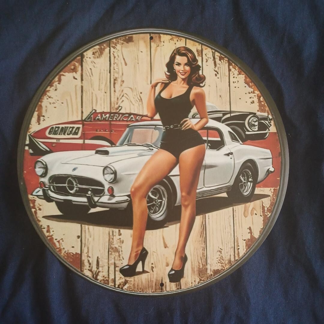 8″ Round Metal Sign Man Cave Wall Art Garage Bar Gas Station Oil American Pinup