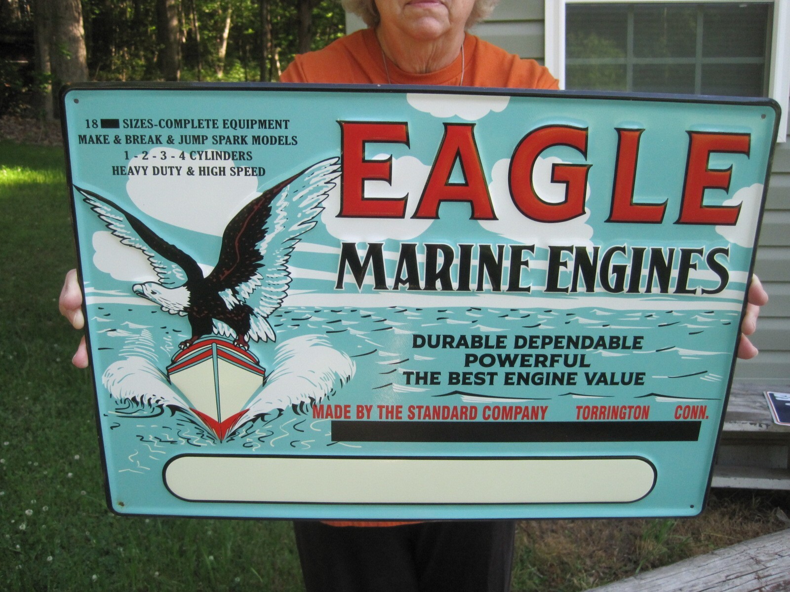 “EAGLE MARINE ENGINES” EMBOSSED METAL SIGN W/ PRESTIGE DEALER SIGN, (20″x 14″)