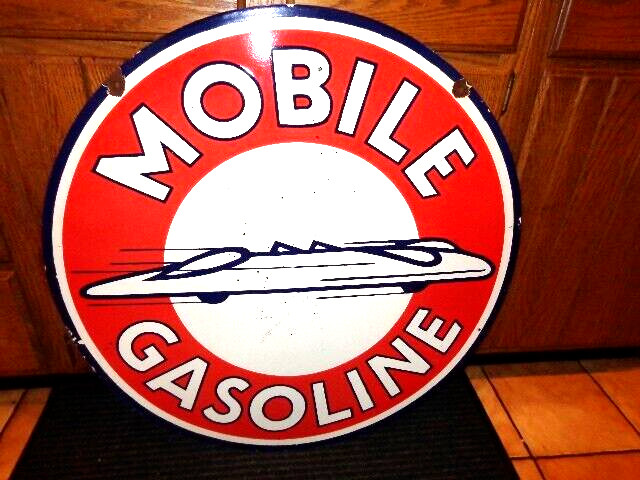 30 in DOUBLE SIDED MOBILE GASOLINE ADVERTISING SIGN DIE CUT METAL PORCELAIN C-14