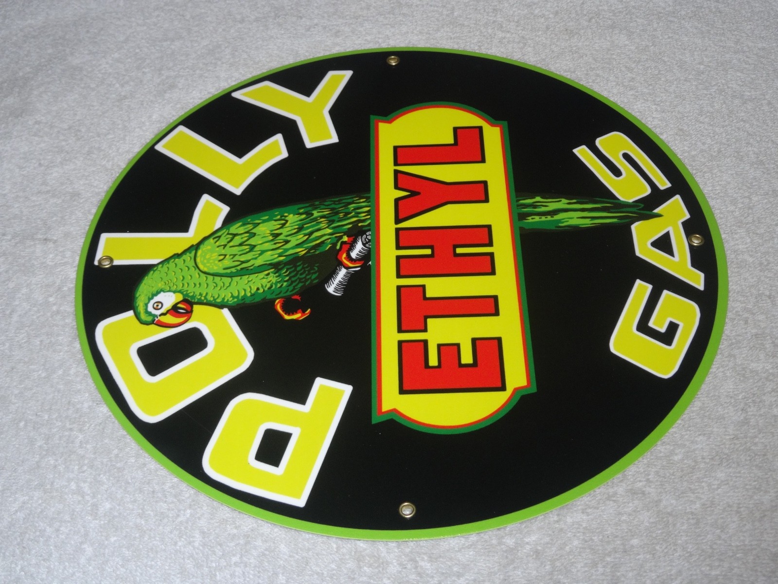 VINTAGE POLLY ETHYL GAS 🦜 PARROT BIRD OIL 11 3/4″ PORCELAIN METAL GASOLINE SIGN