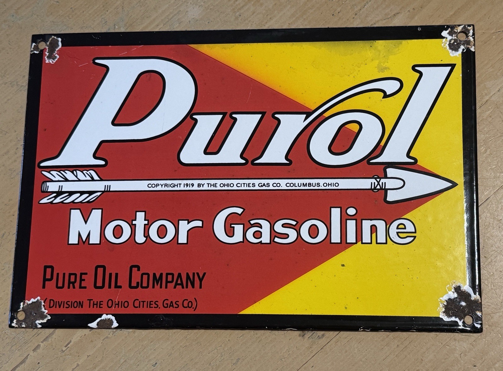 VTG PURE OIL Company PUROL MOTOR LUBE GASOLINE PORCELAIN SIGN OHIO CITIES GAS CO