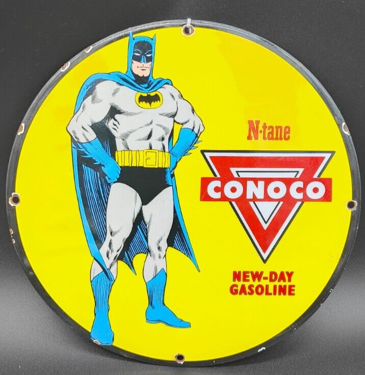 VINTAGE 1961 CONOCO N-TANE GASOLINE PORCELAIN ENAMEL PINUP BATMAN SIGN AWESOME
