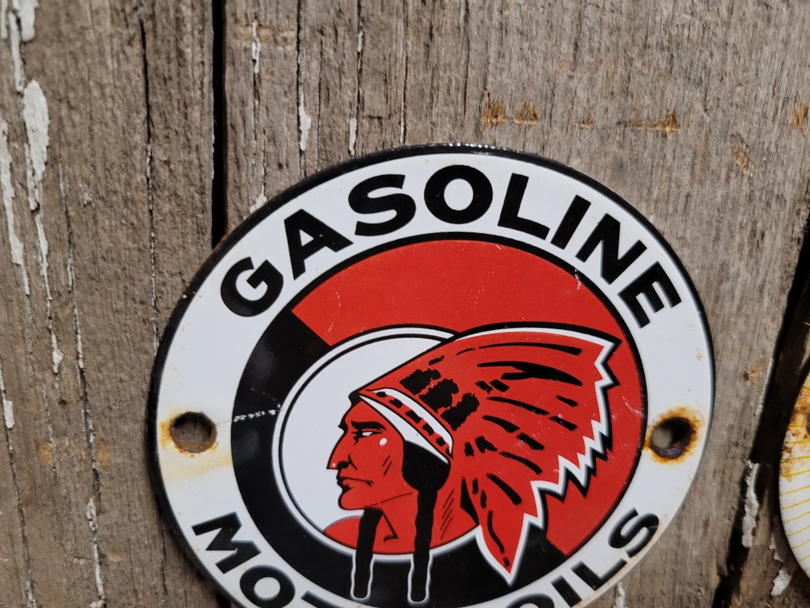 VINTAGE MCCOLL FRONTENAC PORCELAIN SIGN ETHYL MEDALLION OLD GAS OIL RED INDIAN