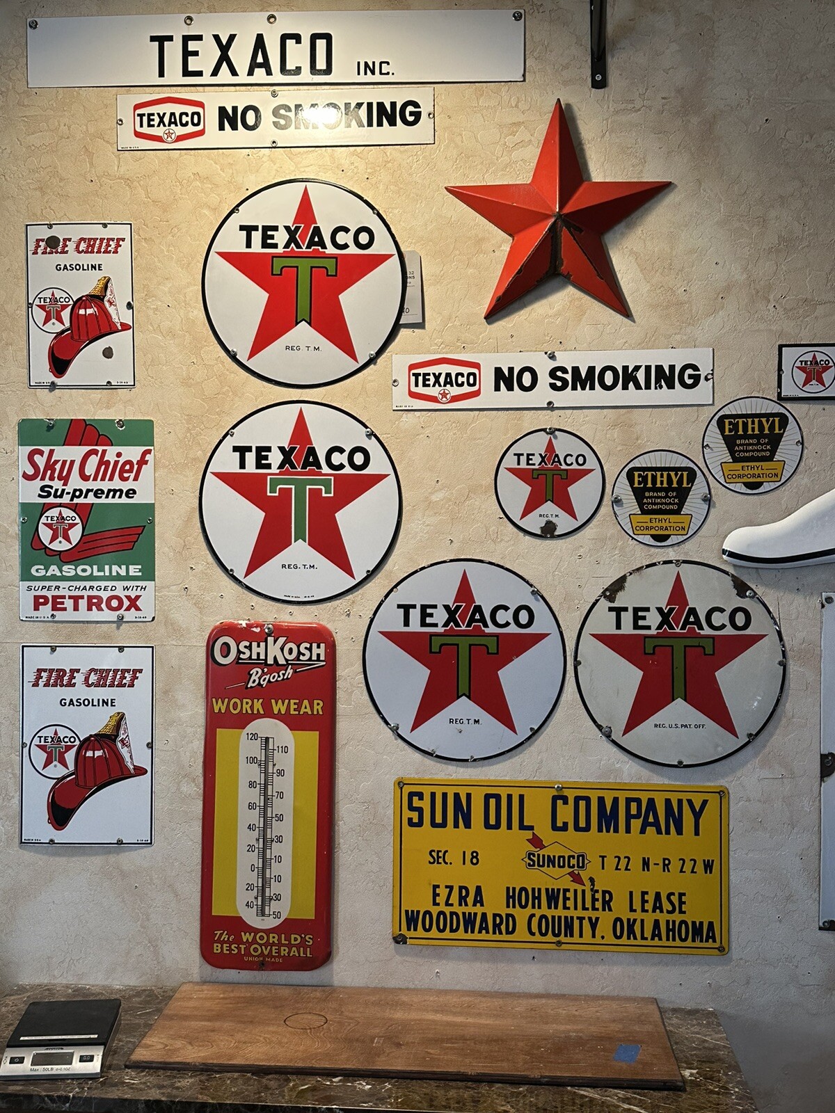 LARGE ORIGINAL & AUTHENTIC ”TEXACO” 14.5X36 INCH PORCELAIN OIL LEASE SIGN