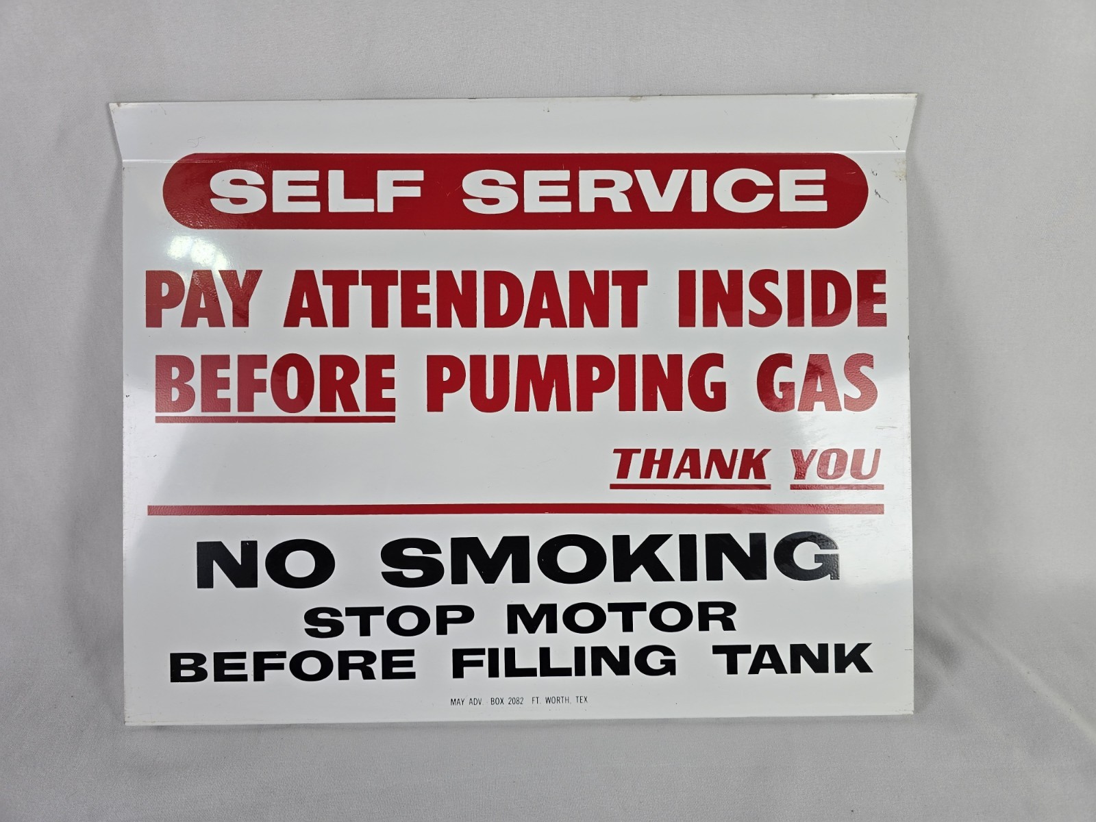 Vintage Self Service No Smoking Sign Stop Your Engine Before Filling Tank 14×11
