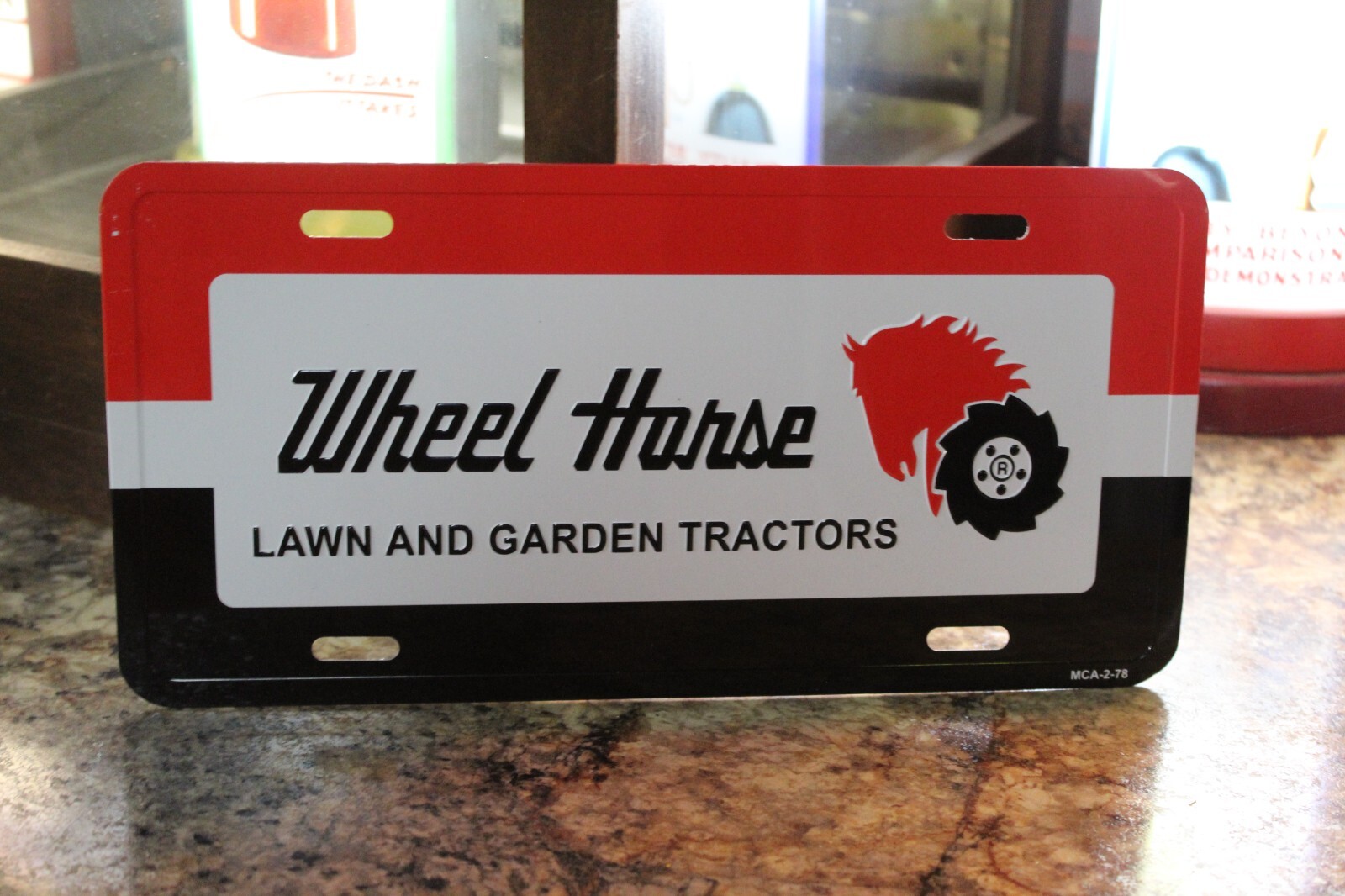 WHEEL HORSE LAW GARDEN TRACTOR DEALER EMBOSSED LICENSE PLATE SIGN FEED SEED GAS