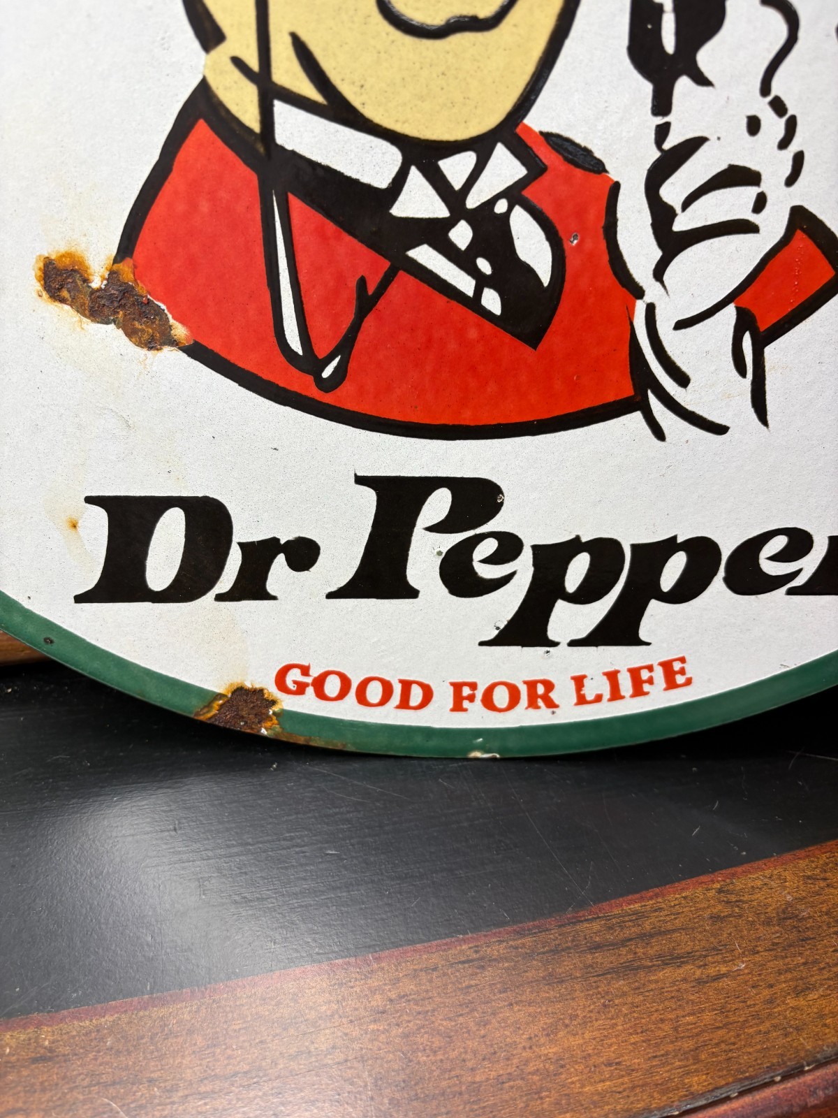 OLD “Dr PEPPER 10-2-4″ LARGE PORCELAIN FLANGE ADVERTISING SIGN, (19″x 18”) NICE