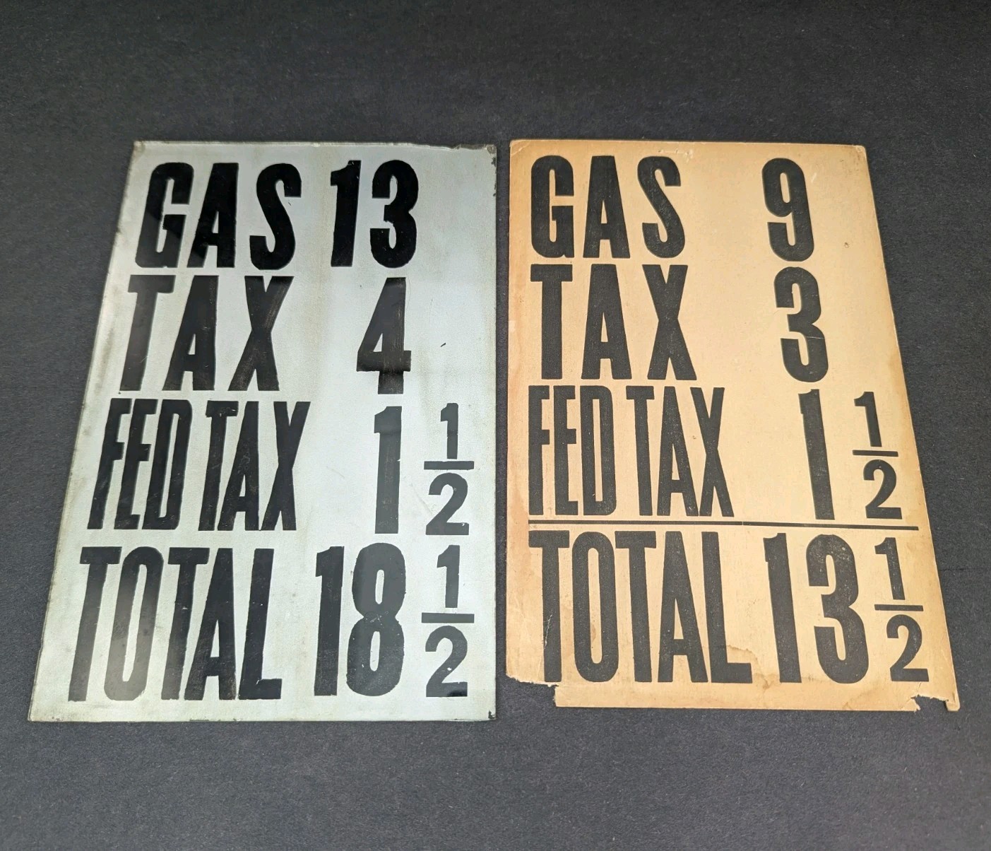 2 Antique Gas Price Signs c.1930’s Silver Glass 13 Cents Paper 9¢ Tax Fed Total