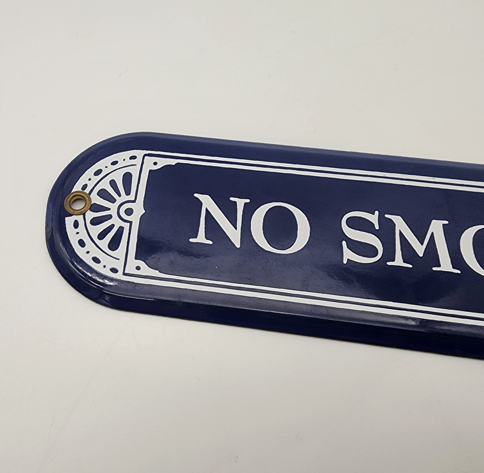Vintage No Smoking Labeled Porcelain Enameled Metal Sign 9.5″ Blue White