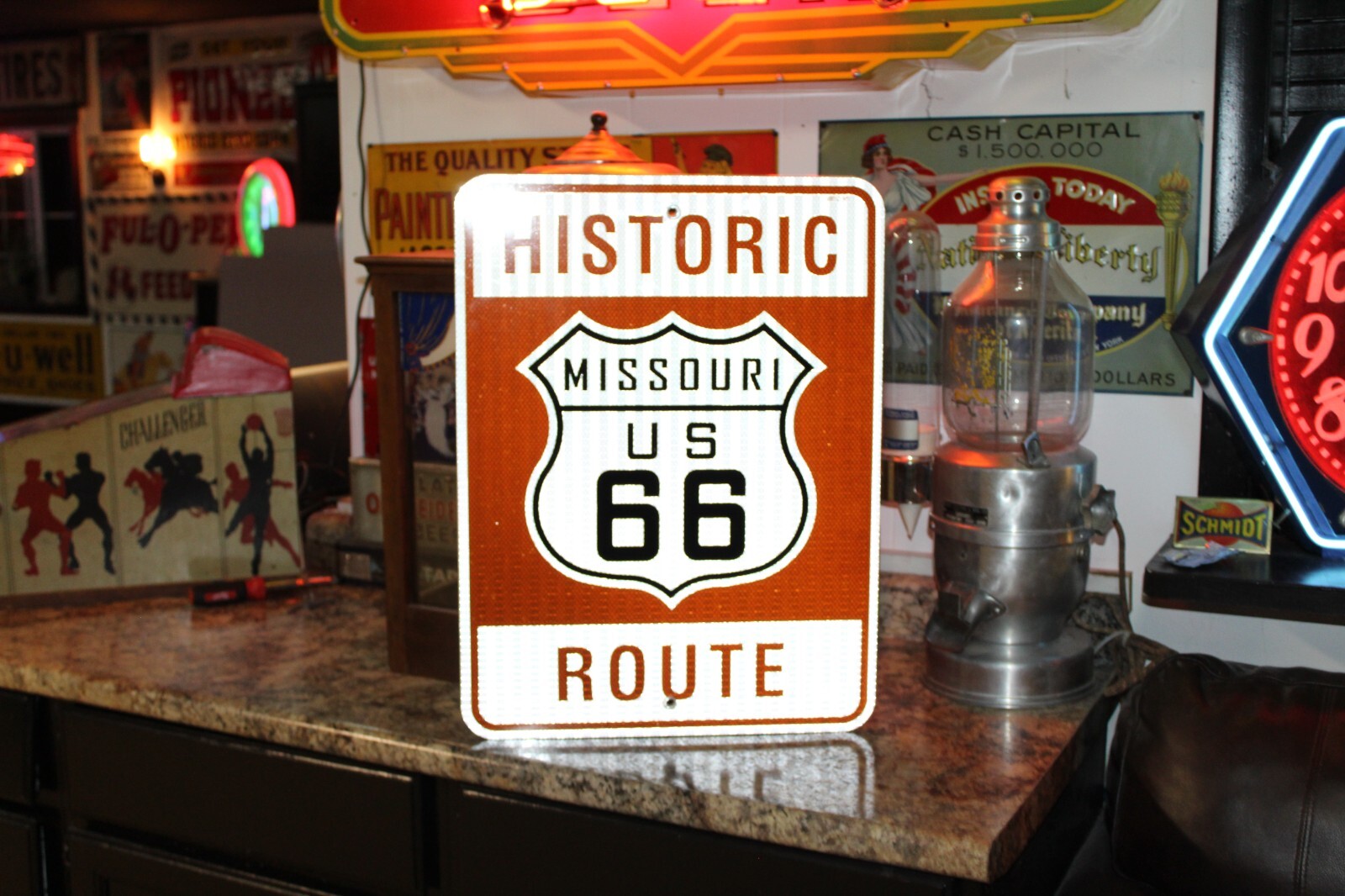 RARE MISSOURI US ROUTE 66 HWY MOTHER ROAD METAL SIGN HISTORIC DOT 2-98 GAS FORD
