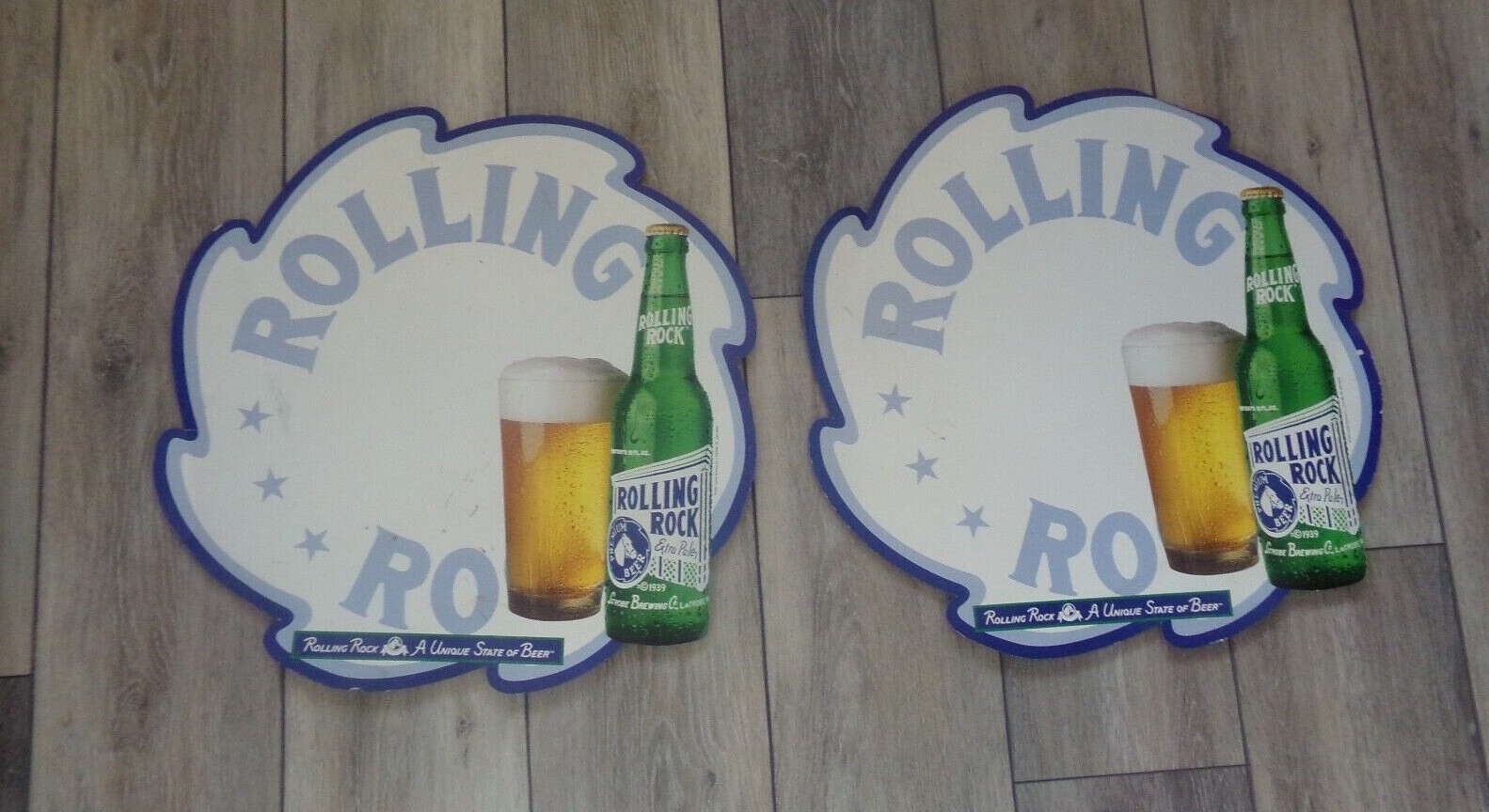 ROLLING ROCK Cardboard Bar Sign Display BREWERIANA Man Cave 18″ x 18″ Lot Of 2