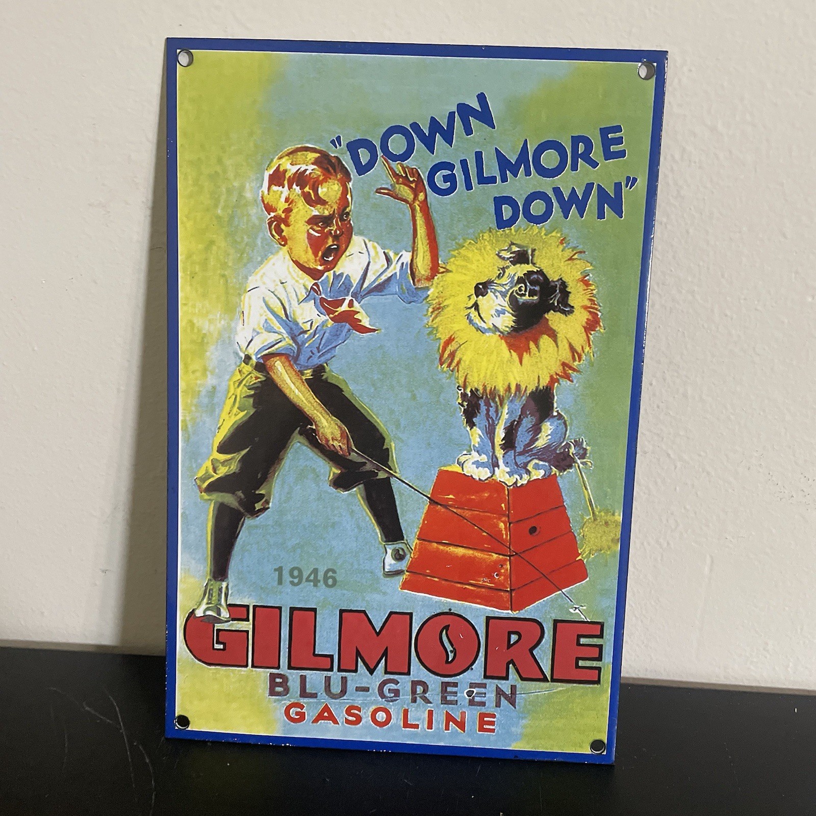 VINTAGE GILMORE DOG GASOLINE MOTOR OIL PORCELAIN SIGN