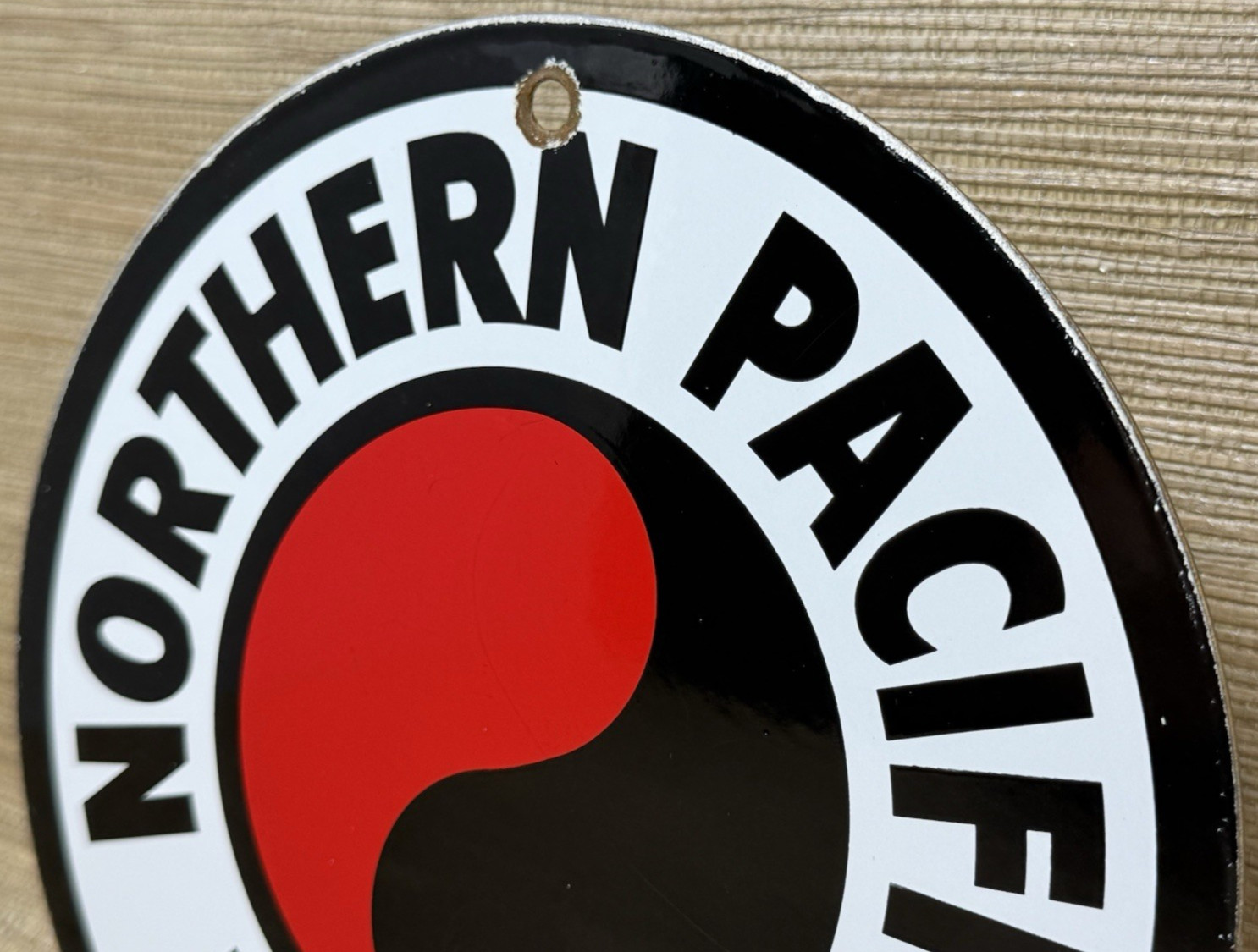 VINTAGE NORTHERN PACIFIC RAILWAY PORCELAIN SIGN GAS OIL TRAIN STATION BURLINGTON