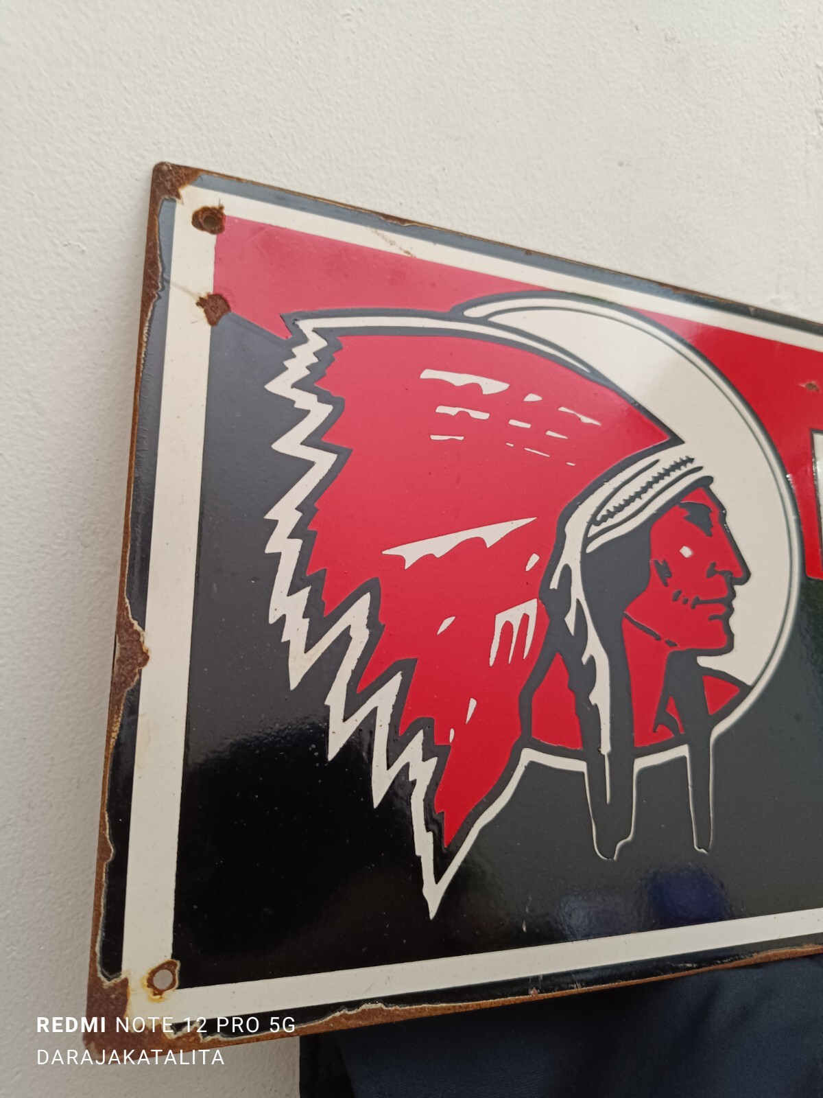 Not Porcelain Red Indian Motor oil Enamel Sign Size 60cm x 21cm Vintage Design