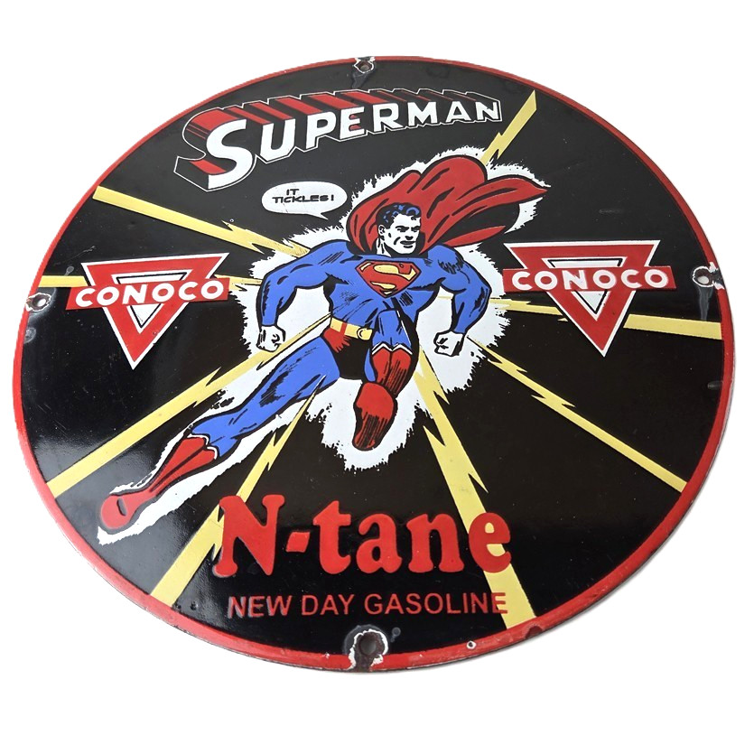 Vintage Conoco Gasoline Sign – Superman Comic Book Hero Porcelain Gas Pump Sign