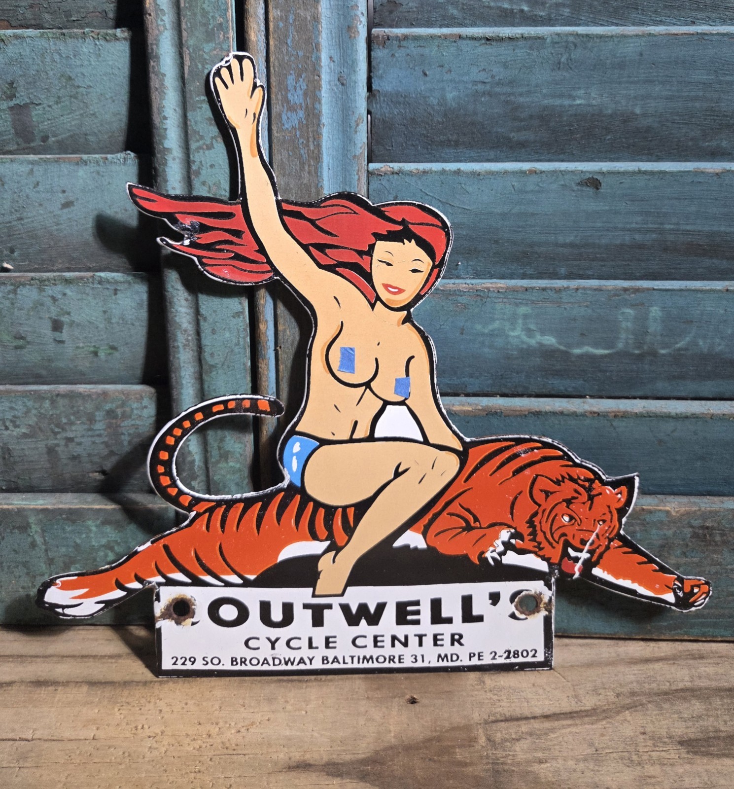 VINTAGE BOUTWELL’S CYCLE CENTER 9” PORCELAIN MOTORCYCLE DEALER SIGN PINUP