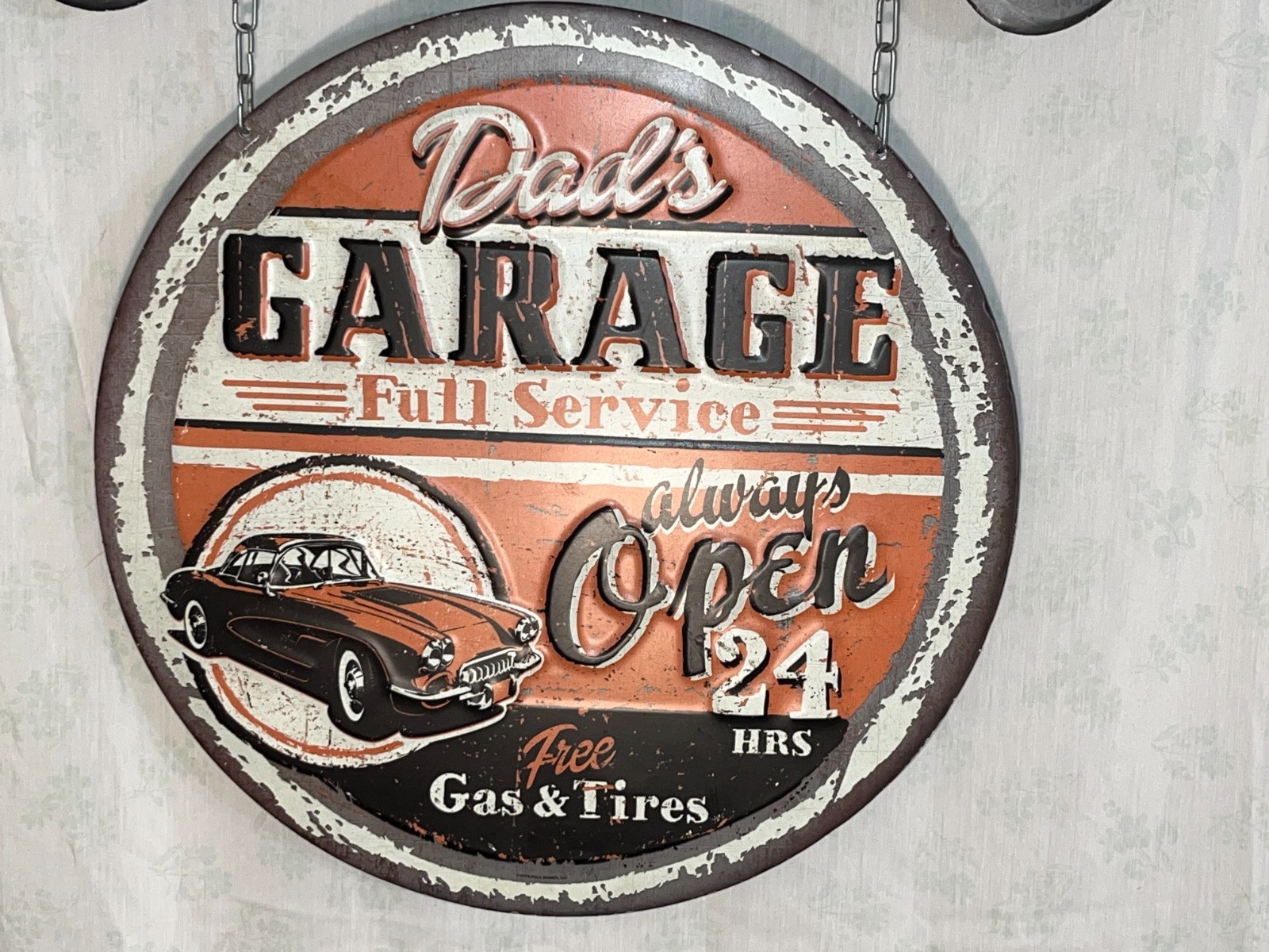Large Vintage Style Dad’s Full Service Garage Always Open Metal Wall Mount Sign