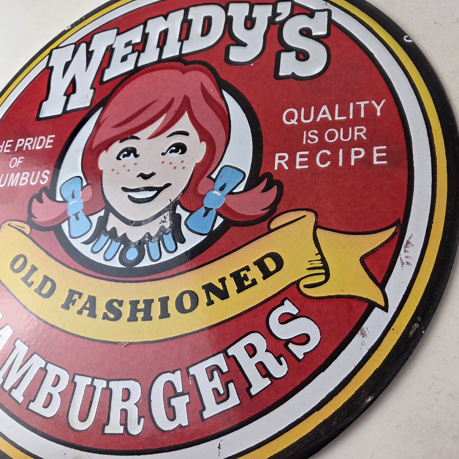 Vintage Wendy’s Hamburgers Sign – Quality Old Fast Food Porcelain Gas Pump Sign