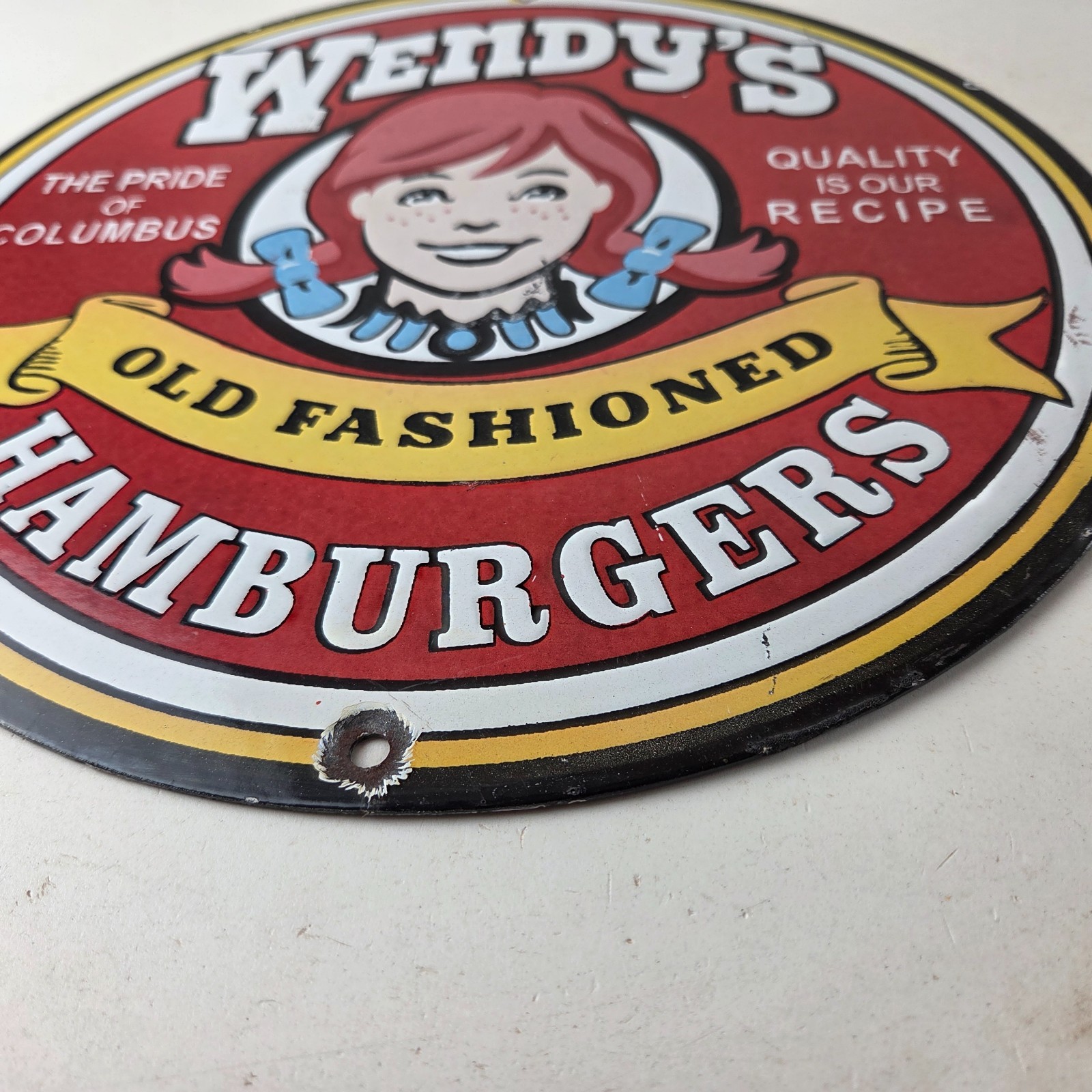 Vintage Wendy’s Hamburgers Sign – Quality Old Fast Food Porcelain Gas Pump Sign
