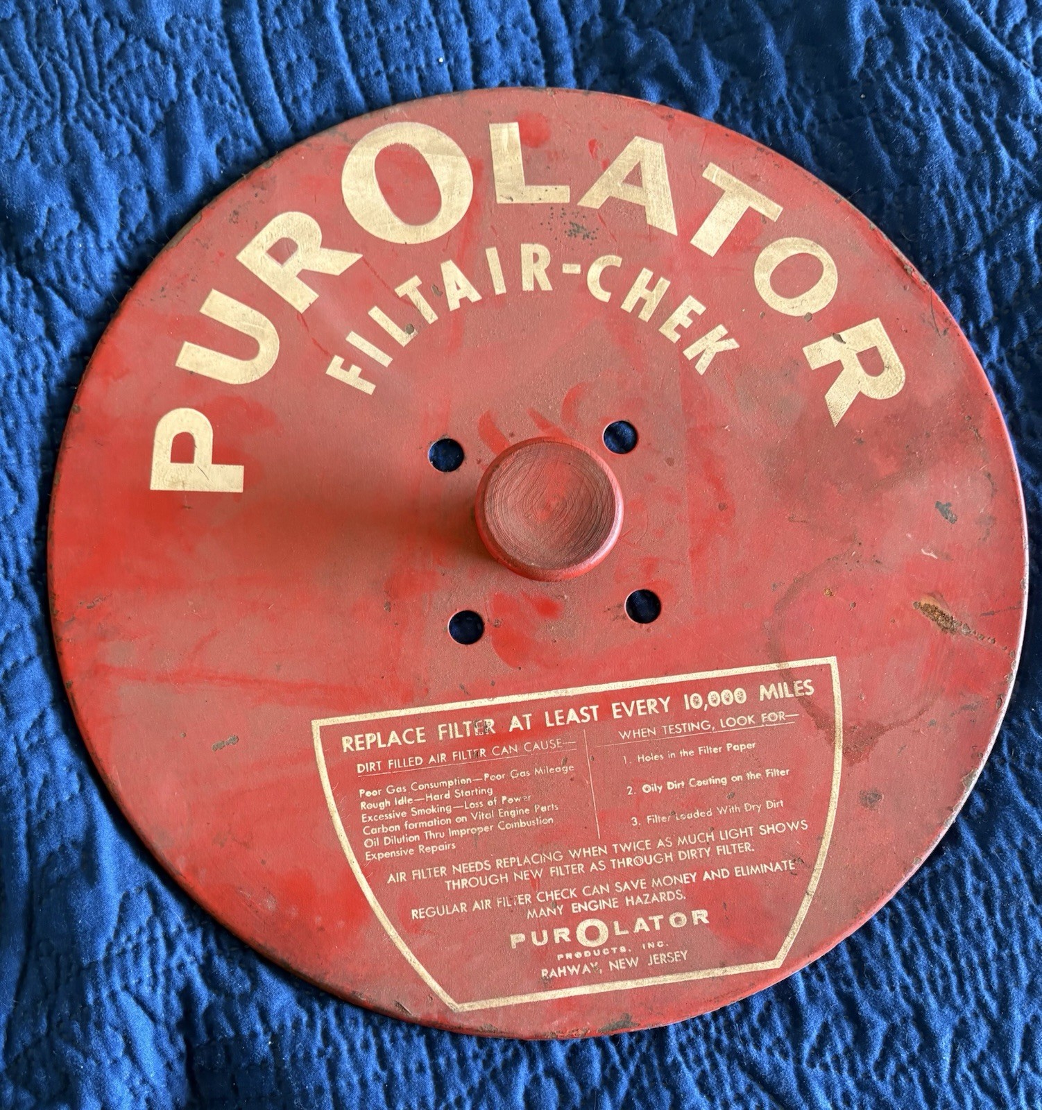 Vintage Purolator Gas & Oil Advertising Sign Red White Metal New Jersey Vintage