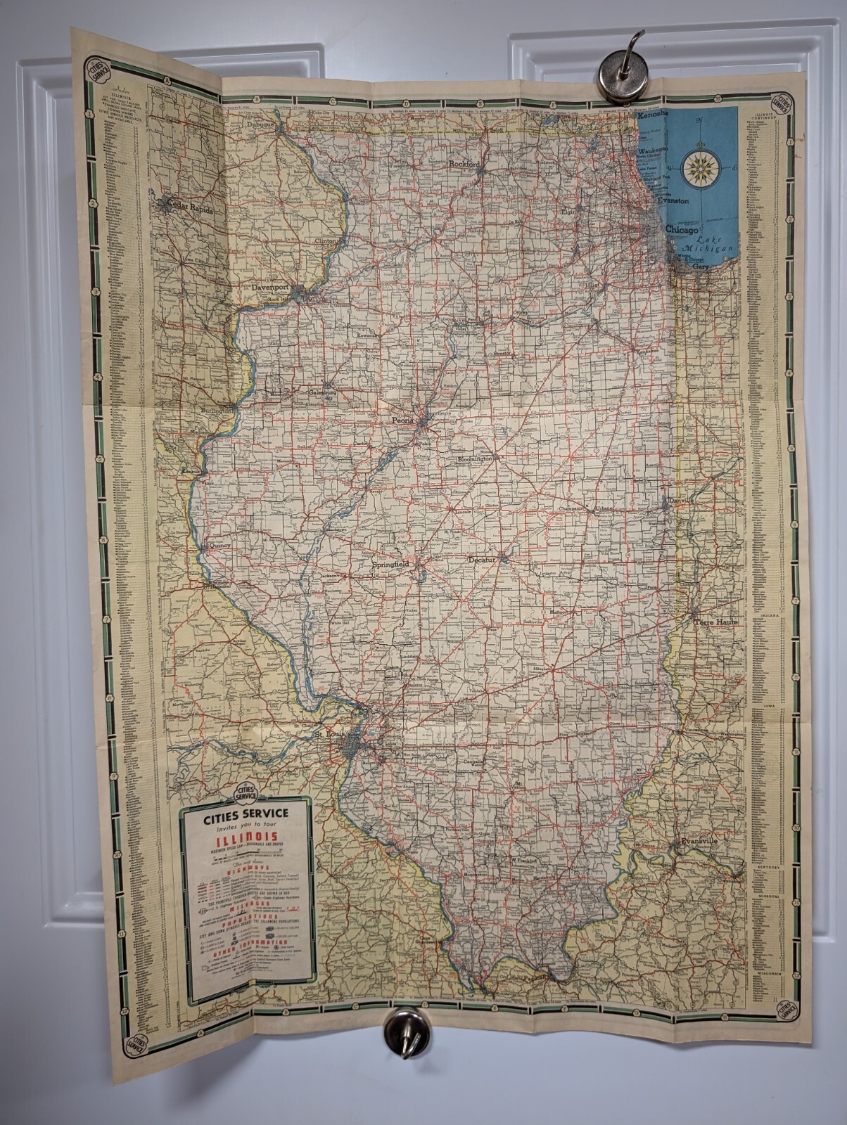 Old Original 1930s Cities Service Oil Company Roadmap Vintage Illinois Tourist