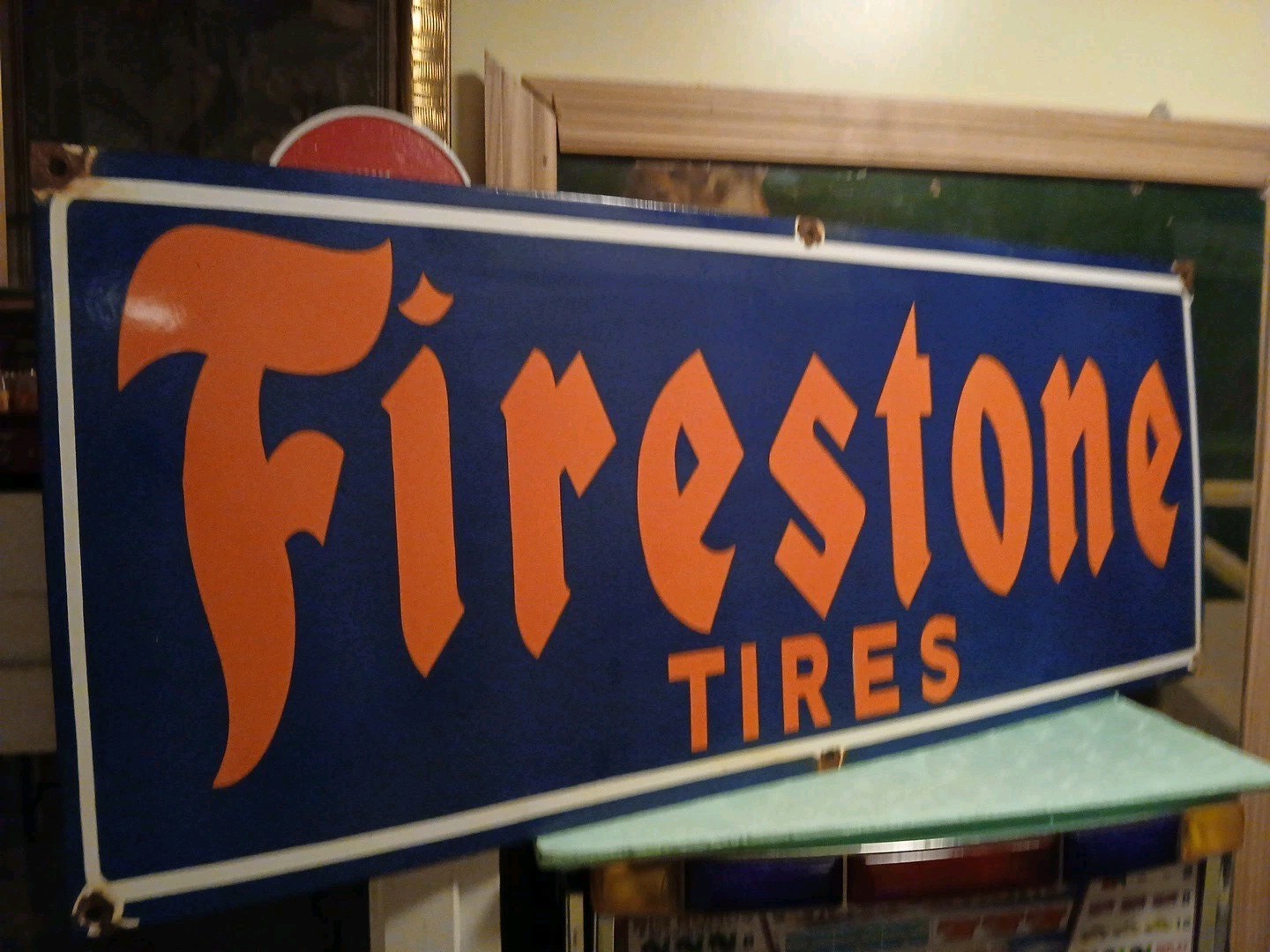 Large Vintage Firestone Tires Advertising Rectangular 36″ Porcelain Emanel Sign