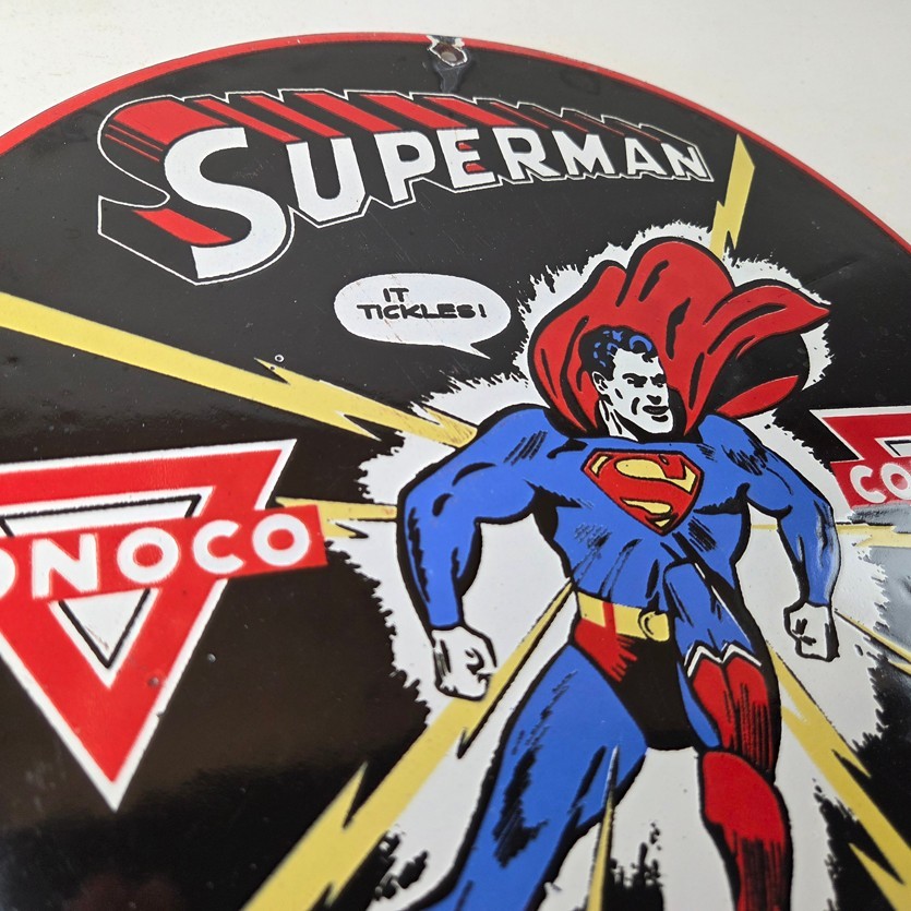 Vintage Conoco Gasoline Sign – Superman Comic Book Hero Porcelain Gas Pump Sign