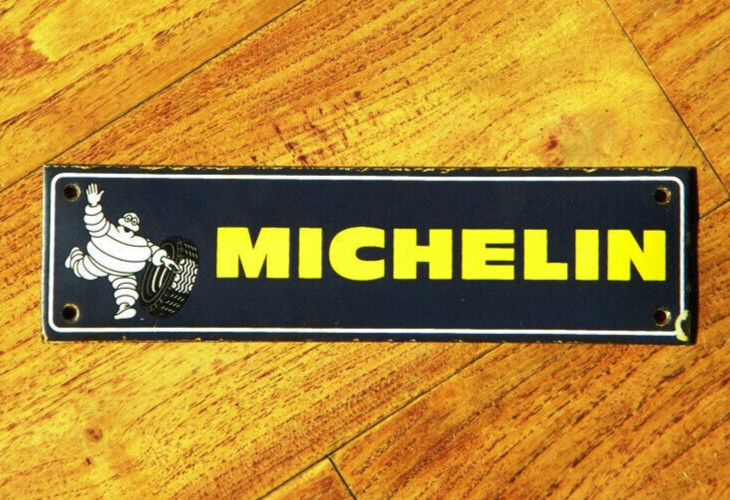 VINTAGE MICHELIN PORCELAIN SIGN ~7-3/4″ x 2-1/8″ TRUCK TIRES RACING OIL GARAGE