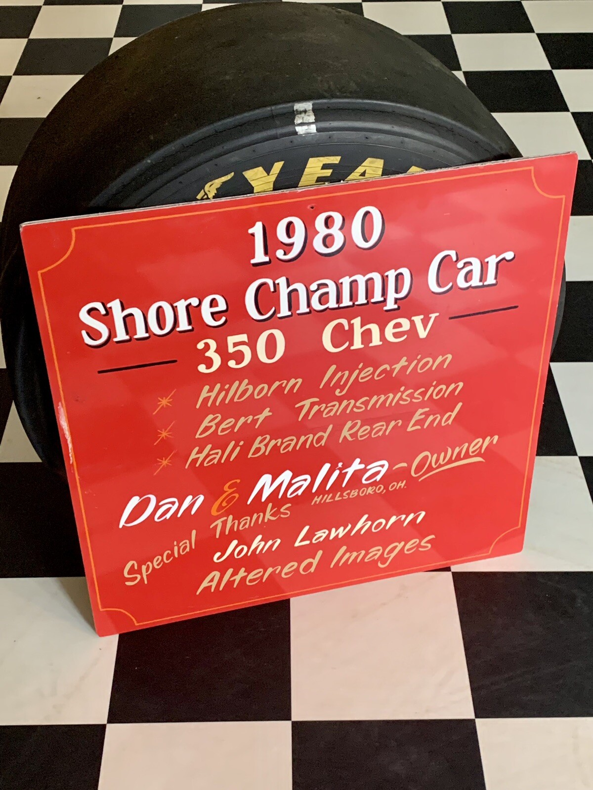 Vintage Chevrolet Sign Advertising 1980 Shore Champ Car 350 Racing Gas Oil Race