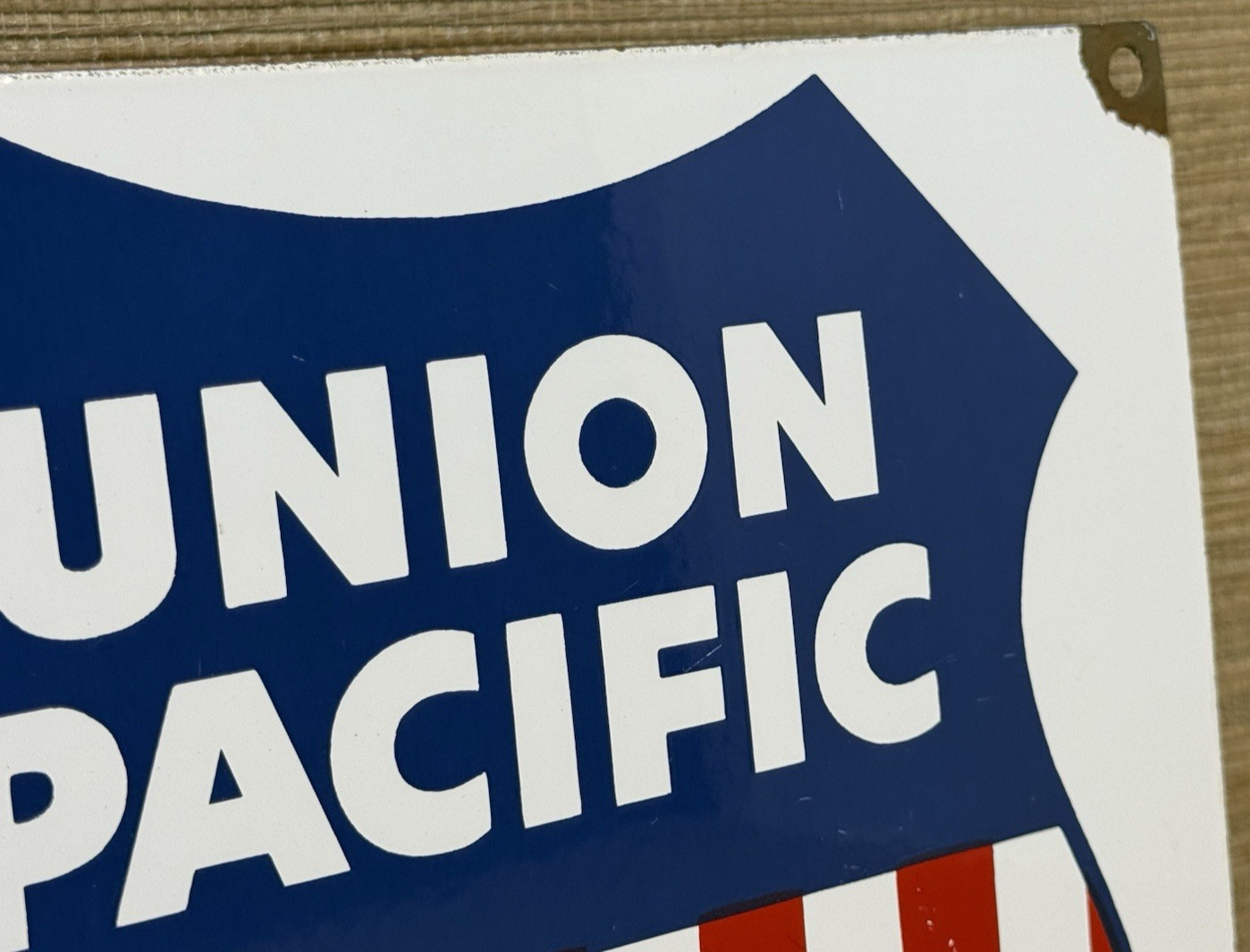 VINTAGE UNION PACIFIC PORCELAIN SIGN TRAIN STATION GAS OIL RAILROAD FREIGHT