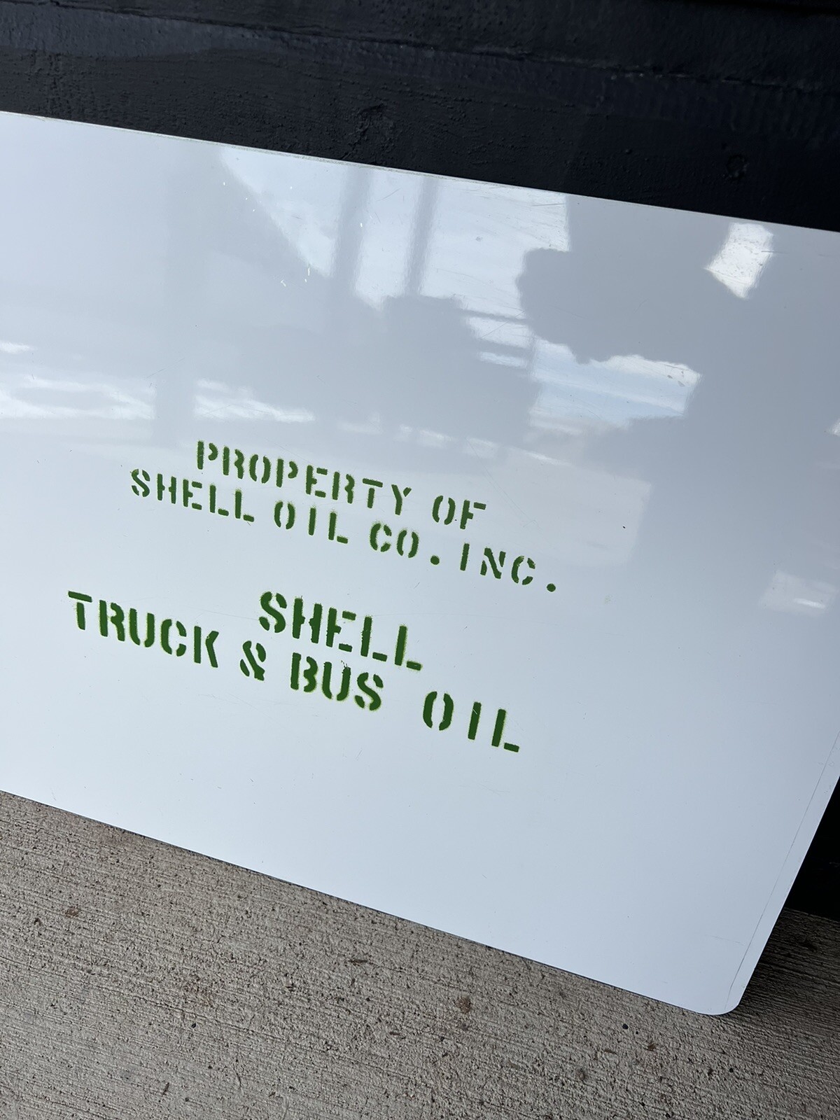 Vintage Property of Shell Oil Co. Inc. Shell Truck & Bus Oil Tin Sign Stenciled