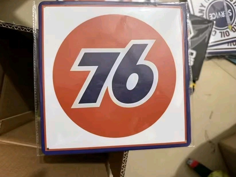 Union 76 Racing Fuel Gas & Oil Metal Shop Garage Sign Size 8in x 8 In Square
