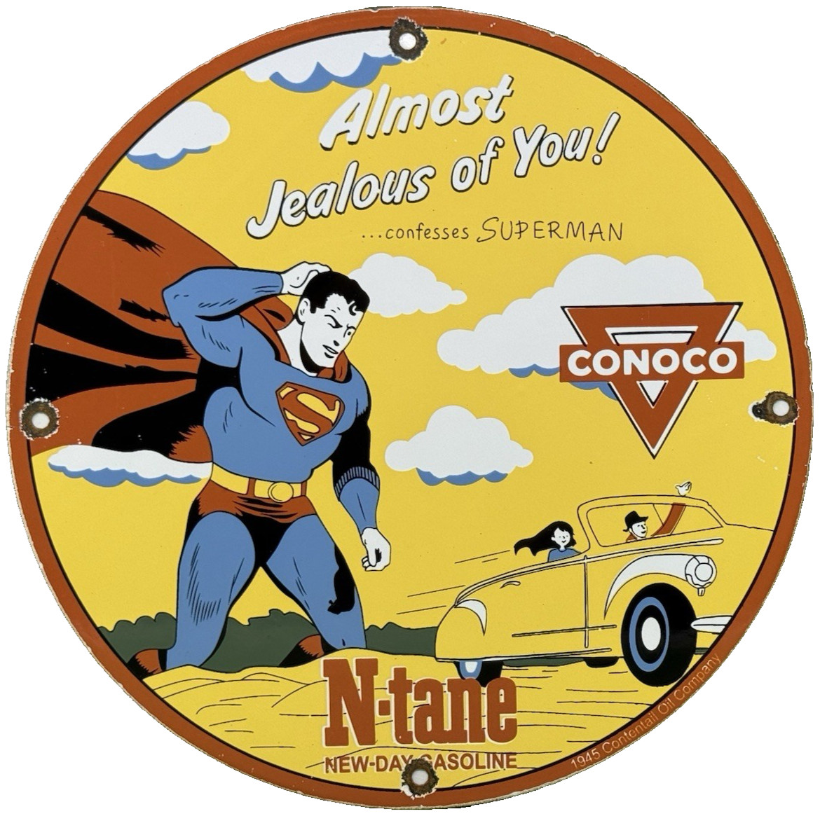 VINTAGE SUPERMAN N TANE CONOCO GASOLINE PORCELAIN SIGN 12″ METAL COMIC GAS OIL