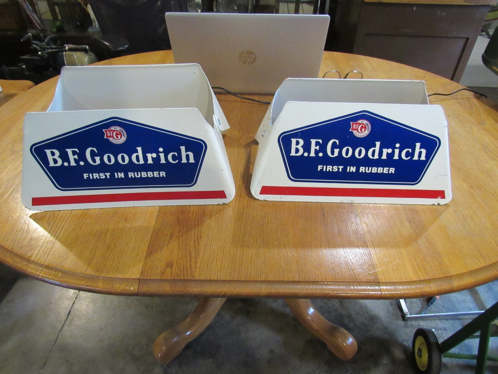 VINTAGE ORIGINAL B.F. GOODRICH TIRE STANDS MATCHING FRONT AND REAR STANDS / SIGN