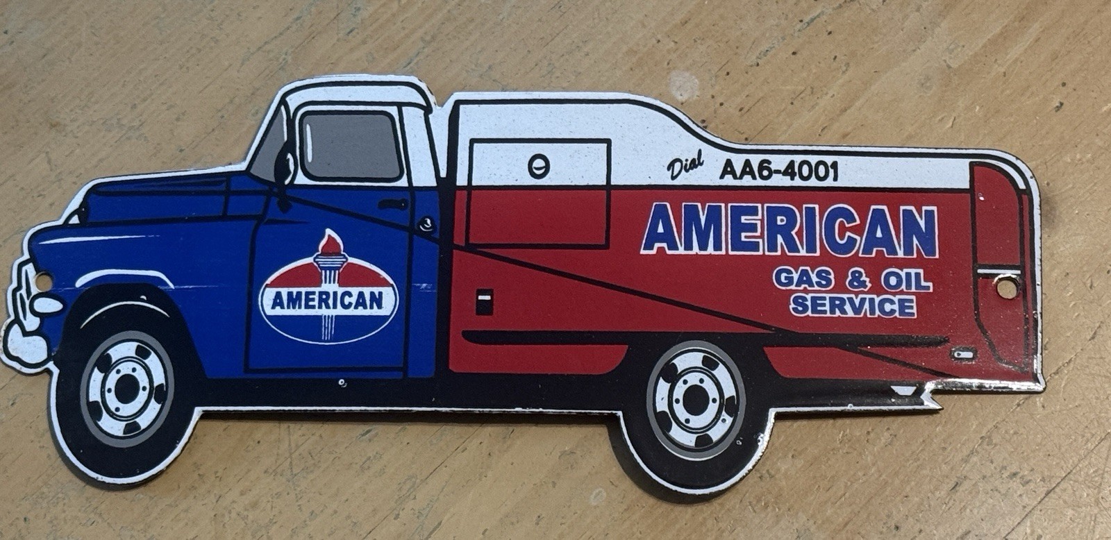AMERICAN GAS AND OIL SERVICE TANKER TRUCK PORCELAIN SIGN 12″× 5″