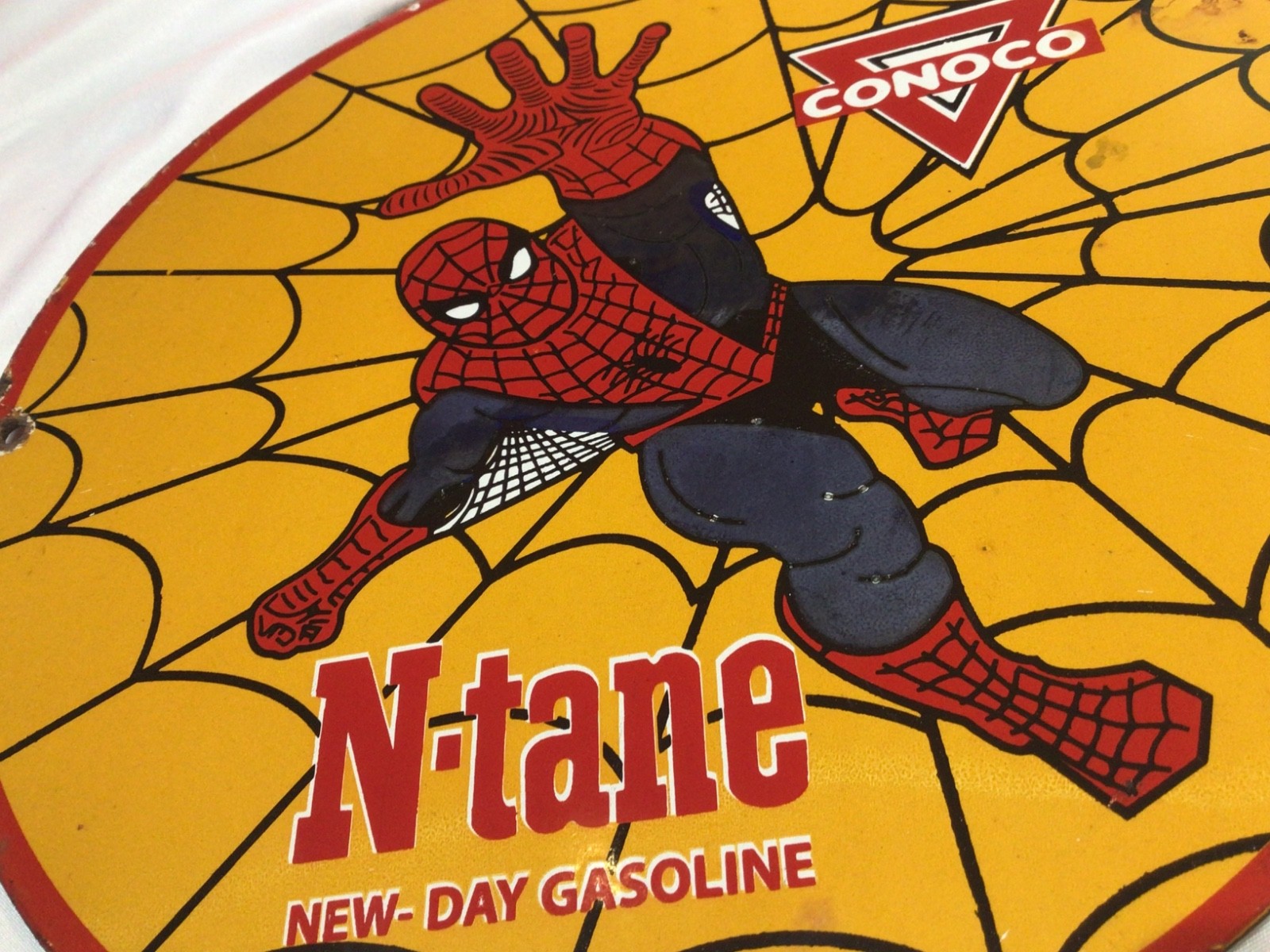 CONOCO N-TANE GASOLINE Porcelain Metal Gas Advertising Sign with Spider-Man 12”