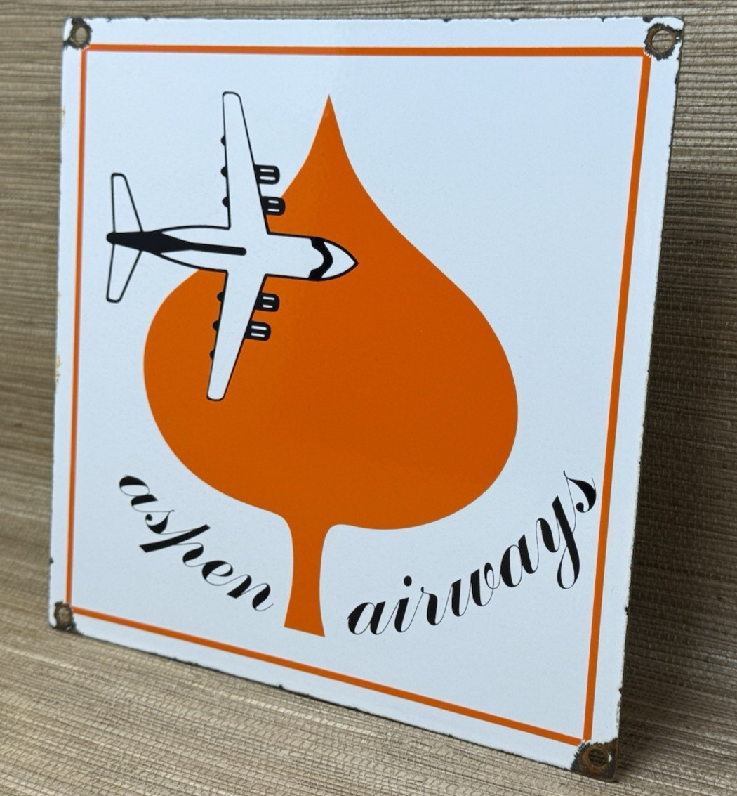 VINTAGE ASPEN AIRWAYS PORCELAIN SIGN GAS OIL AIRLINE AVIATION ORANGE LEAF PLANE