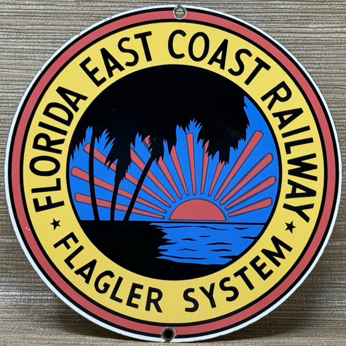 VINTAGE FLORIDA EAST COAST RAILWAY PORCELAIN SIGN FLAGLER SYSTEM GAS OIL TRAIN