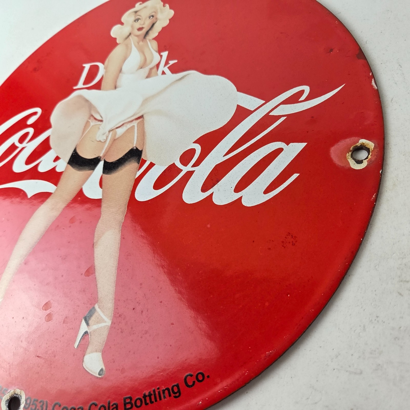 Vintage Coca Cola Porcelain Sign – Gas Pump Pinup Service Soda Beverage Sign