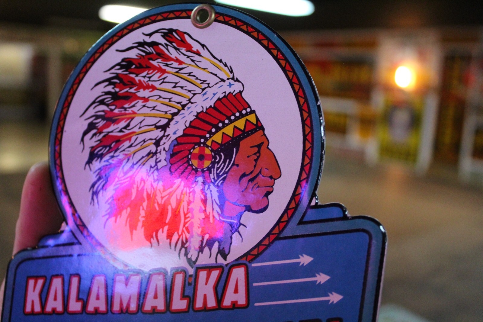 KALAMALKA BLU-GREEN GASOLINE DEALER PORCELAIN METAL SIGN GAS OIL FORD INDIAN