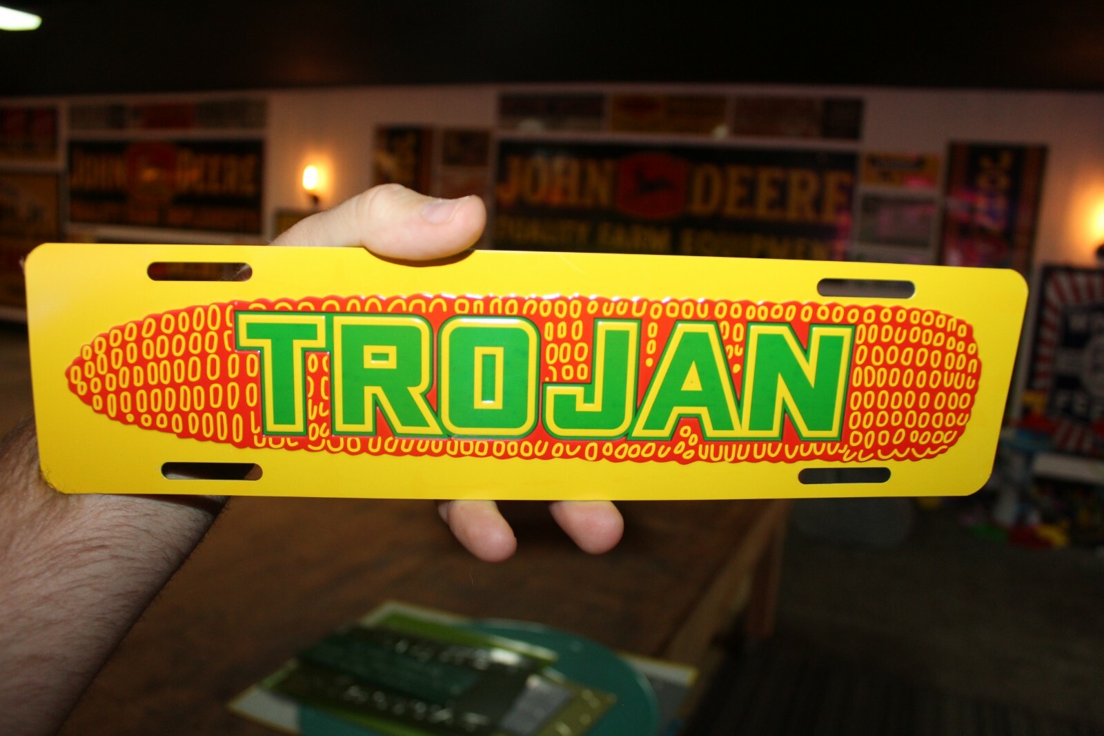 TROJAN HYBRED SEED CORN DEALER CO-OP STORE EMBOSSED METAL SIGN GAS OIL FARM IH