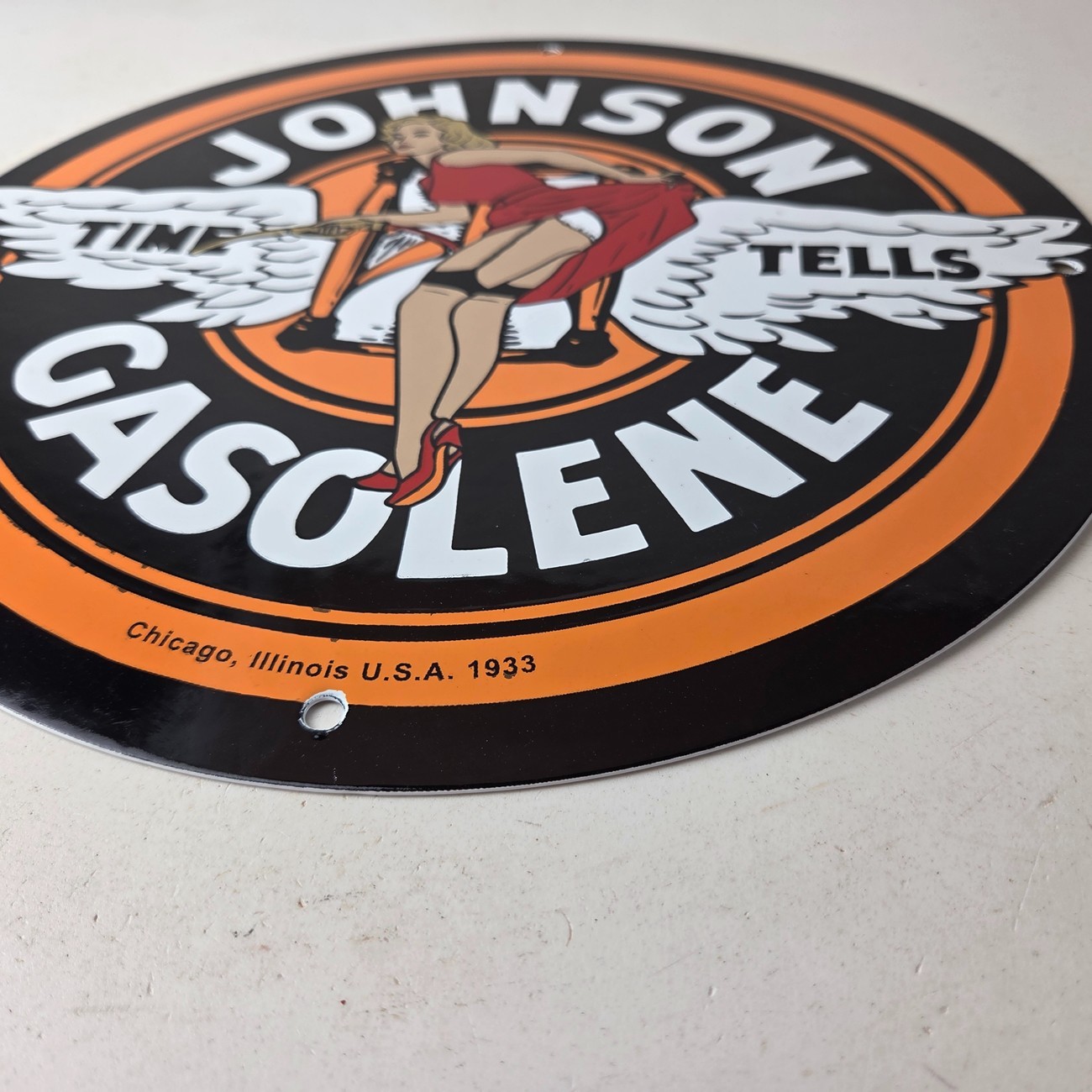 Vintage Johnson Gasoline Sign – Time Tells Gas Oil Pump Plate Porcelain Sign