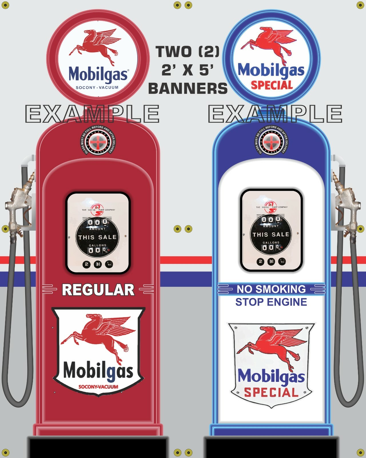 MOBIL GAS PUMP WAYNE 50s STYLE REGULAR PREMIUM OR SET 2 X 5 REMAKE BANNER ART