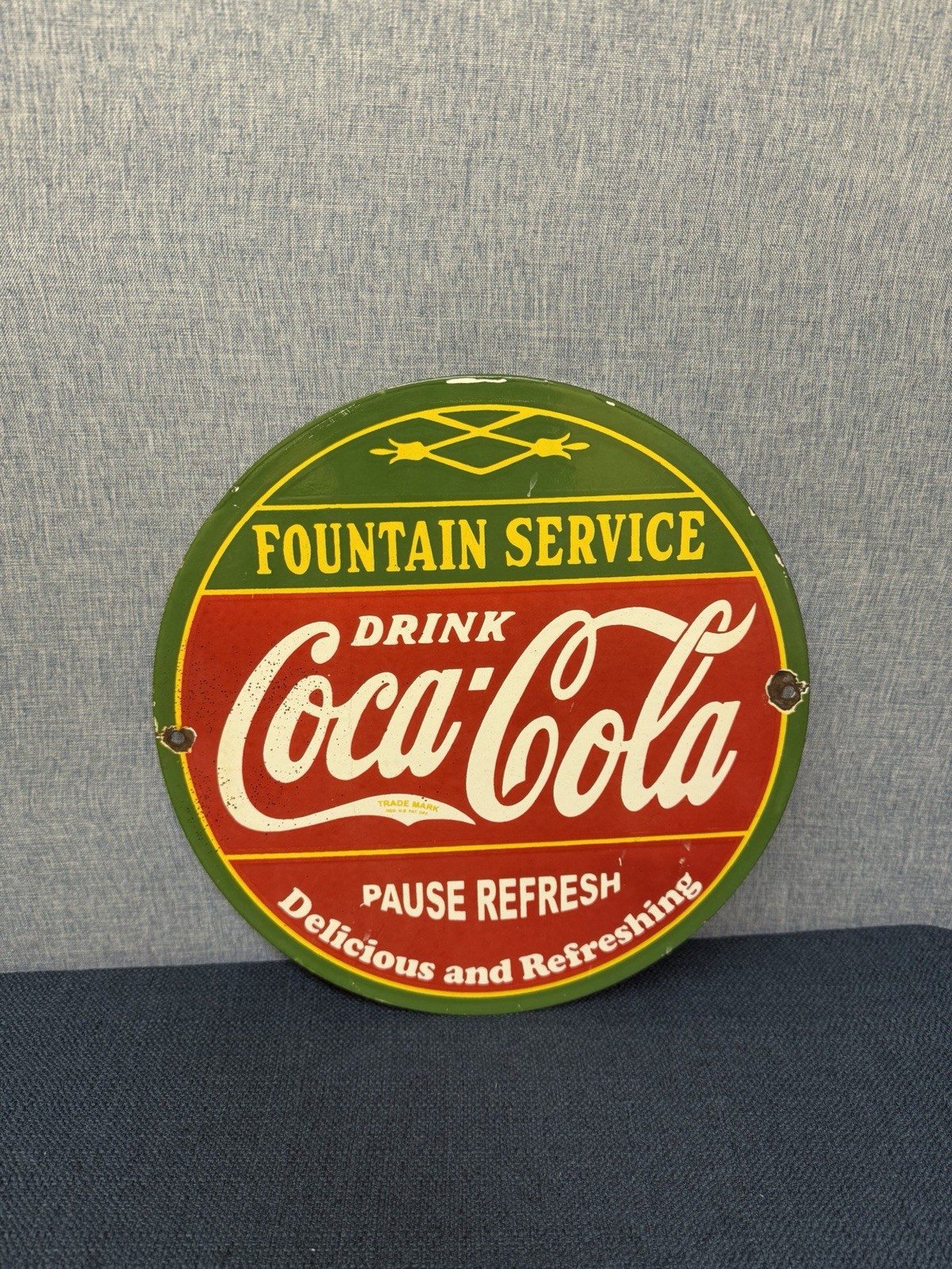Vintage Coca Cola Fountain Service Porcelain Enamel Sign.