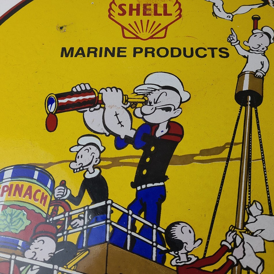 Vintage Shell Gasoline Sign – Use Coupon Code on Porcelain Popeye Gas Sign