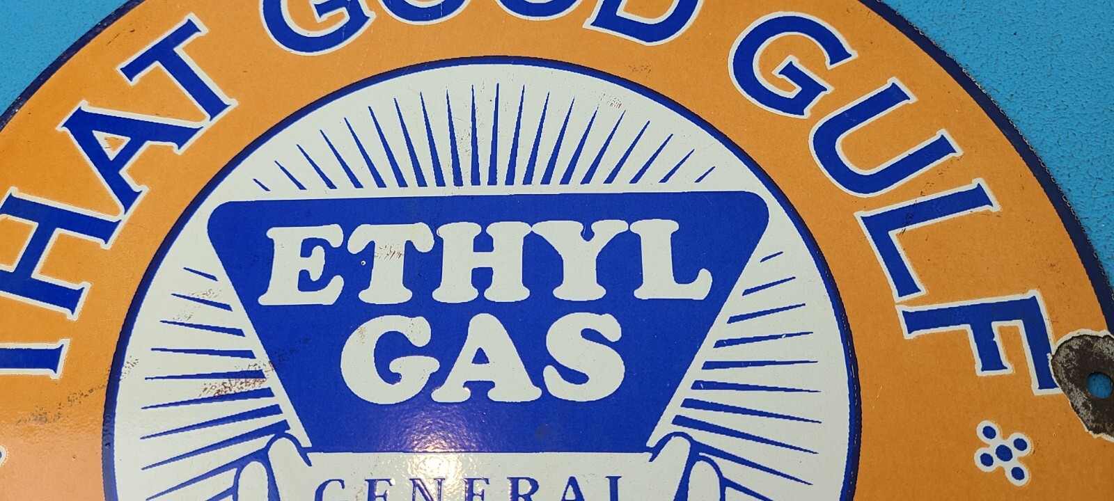 VINTAGE GULF GASOLINE PORCELAIN ETHYL GAS SERVICE STATION GENERAL MOTORS SIGN