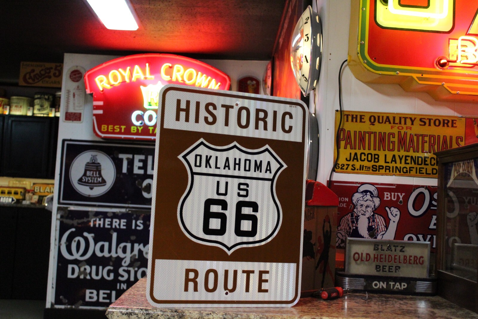 RARE OKLAHOMA US ROUTE 66 HWY MOTHER ROAD METAL SIGN HISTORIC DOT 6-01 GAS FORD