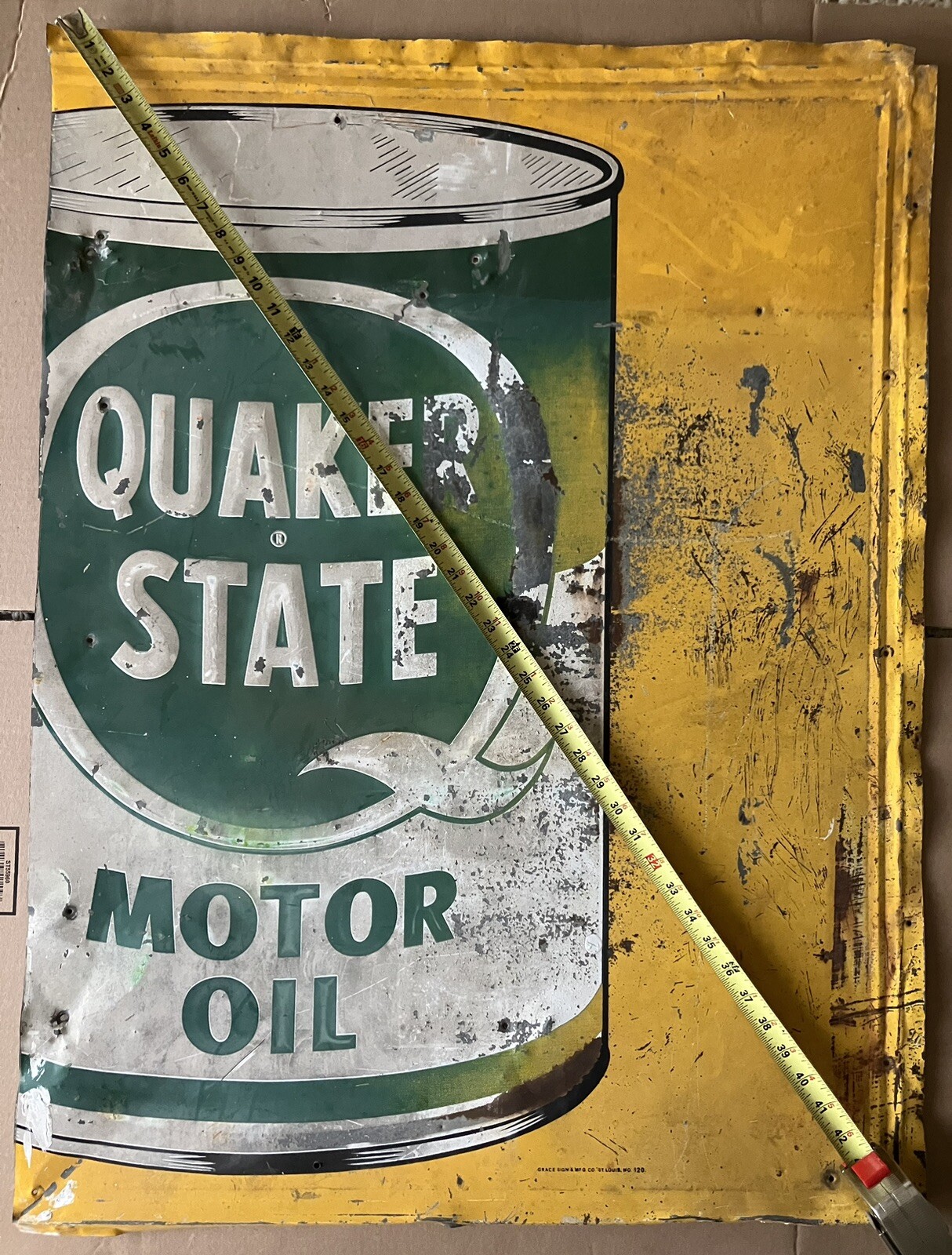 Quaker State Oil Advertising Sign Tin Litho Pressed Metal Letters 28”x 37” 1950s
